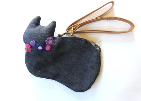新作＊斜め掛け お花モチーフ仔猫バッグ＊パープル