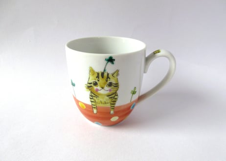 九谷焼 東早苗 クローバー猫とピヨのマグカップ＊茶トラ