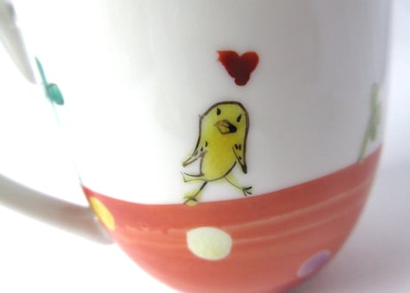 九谷焼 東早苗 クローバー猫とピヨのマグカップ＊茶白猫