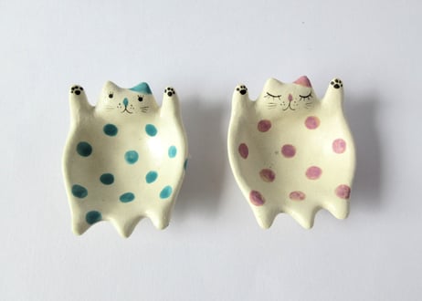 水玉工房　ねこのひらき豆鉢＊ブルー／パープル