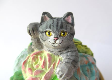 あたり工房　木彫り猫の小物入れ大 ＊サバトラ猫