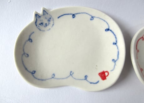 みなかわねこ　ねこのだえん豆皿　ブルー／レッド