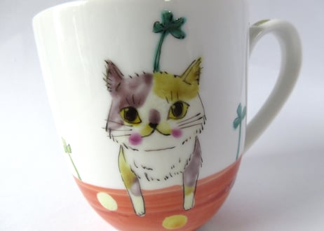 九谷焼 東早苗 クローバー猫とピヨのマグカップ＊三毛猫