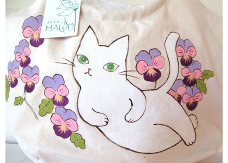 AtelierHASU　おおきな帆布バッグ＆サコッシュセット＊猫とビオラ