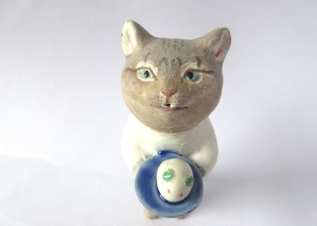 イキモノ雑貨 豆福堂 猫の置物 猫と雪うさぎ