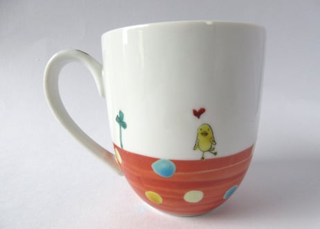 九谷焼 東早苗 クローバー猫とピヨのマグカップ＊茶トラ