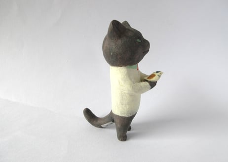 イキモノ雑貨 豆福堂 猫の置物 小鳥と黒猫