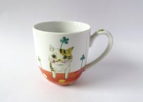 九谷焼 東早苗 クローバー猫とピヨのマグカップ＊白茶猫
