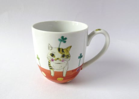 九谷焼 東早苗 クローバー猫とピヨのマグカップ＊白茶猫