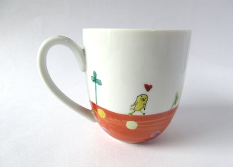 九谷焼 東早苗 クローバー猫とピヨのマグカップ＊茶白猫
