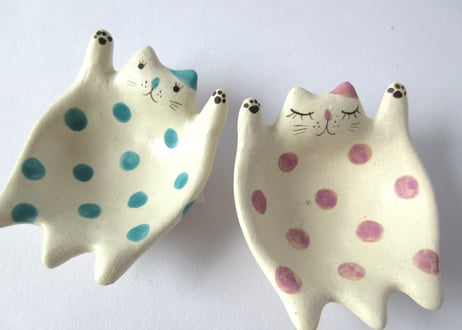 水玉工房　ねこのひらき豆鉢＊ブルー／パープル