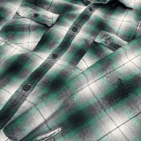 DISTRESSED PANEL CHECK SHIRT / QUEENS GREEN