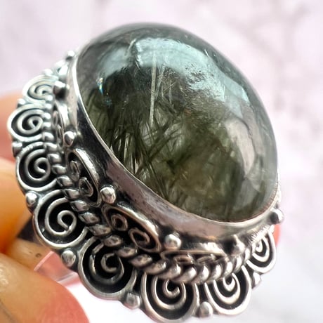 【ガネッシュヒマール産】クローライト&アクチノライトイン天然ヒマラヤ水晶S/V925リング/Ganesh Himal Chlorite&Actinorite in Quartz S/V925 Ring