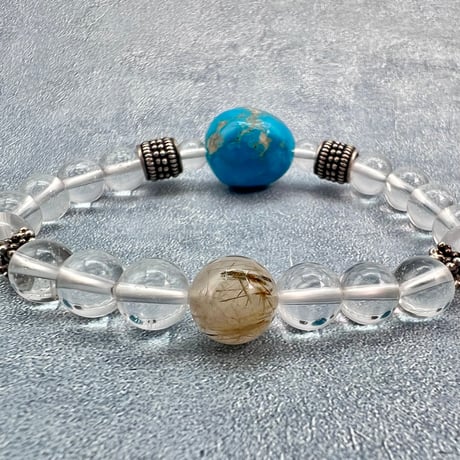 【デザインブレスレット】アリゾナターコイズ×ガネッシュヒマール産アクチノライトイン天然ヒマラヤ水晶/Arizona Turquoise×Ganesh Himal Design Bracelet
