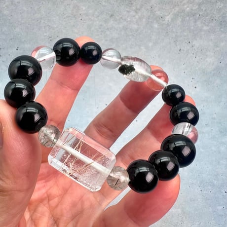 【デザインブレスレット】ガネッシュヒマール産天然ヒマラヤ水晶×チベット産モリオン/Ganesh Himal×Tibetan Morion Design Bracelet