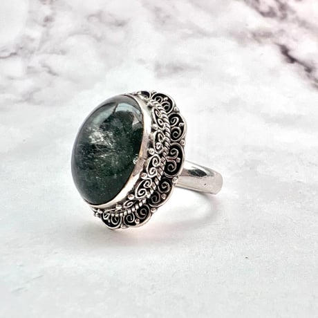 【ガネッシュヒマール産】クローライトイン天然ヒマラヤ水晶S/V925リング/Ganesh Himal Chlorite in Himalayan Quartz S/V925 Ring