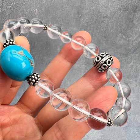 【デザインブレスレット】アリゾナターコイズ×ガネッシュヒマール産天然ヒマラヤ水晶/Arizona Turquoise×Ganesh Himal Himalayan Quartz