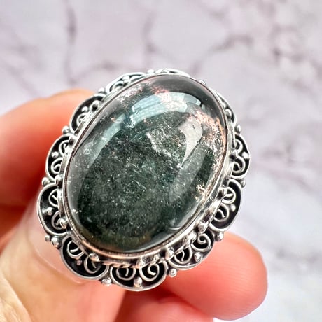 【ガネッシュヒマール産】クローライトイン天然ヒマラヤ水晶S/V925リング/Ganesh Himal Chlorite in Himalayan Quartz S/V925 Ring