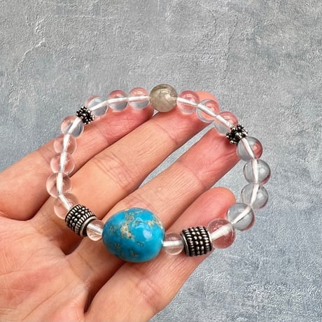 【デザインブレスレット】アリゾナターコイズ×ガネッシュヒマール産アクチノライトイン天然ヒマラヤ水晶/Arizona Turquoise×Ganesh Himal Design Bracelet