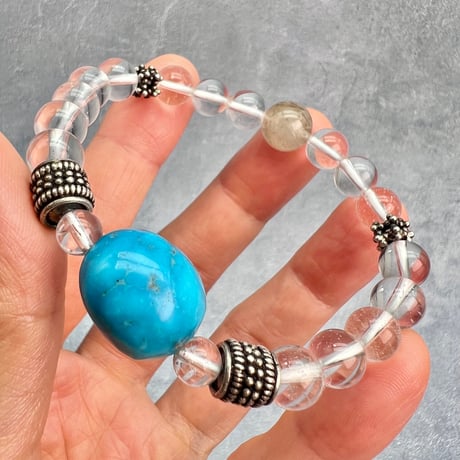【デザインブレスレット】アリゾナターコイズ×ガネッシュヒマール産アクチノライトイン天然ヒマラヤ水晶/Arizona Turquoise×Ganesh Himal Design Bracelet