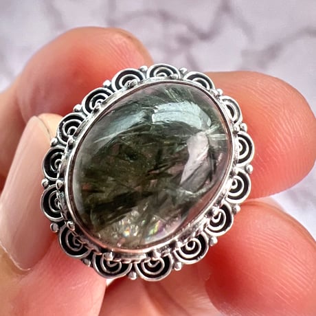【ガネッシュヒマール産】クローライト&アクチノライトイン天然ヒマラヤ水晶S/V925リング/Ganesh Himal Chlorite&Actinorite in Quartz S/V925 Ring