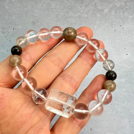 【ガネッシュヒマール産】アクチノライトイン天然ヒマラヤ水晶デザインブレスレット/Ganesh Himal Actinolite in Himalayan Quartz Design Bracelet
