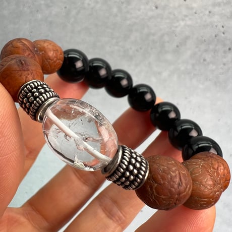 【デザインブレスレット】鳳眼菩提樹×カイラス産天然ヒマラヤ水晶×シルバー/Phoenix Eye Bodhi Seed×Kailash Himalayan Quartz×Silver