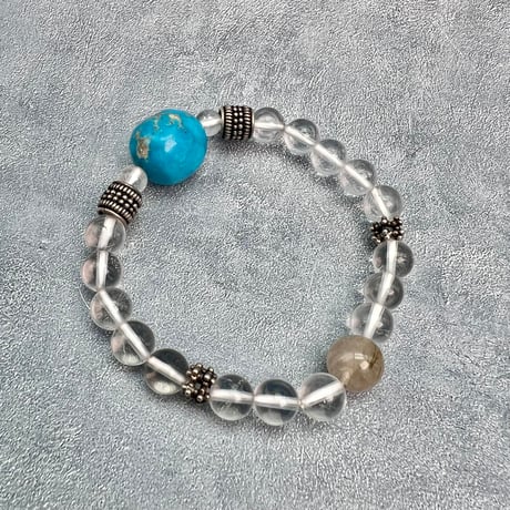 【デザインブレスレット】アリゾナターコイズ×ガネッシュヒマール産アクチノライトイン天然ヒマラヤ水晶/Arizona Turquoise×Ganesh Himal Design Bracelet