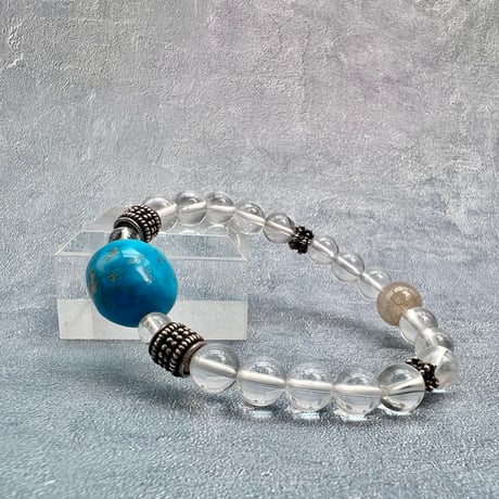 【デザインブレスレット】アリゾナターコイズ×ガネッシュヒマール産アクチノライトイン天然ヒマラヤ水晶/Arizona Turquoise×Ganesh Himal Design Bracelet