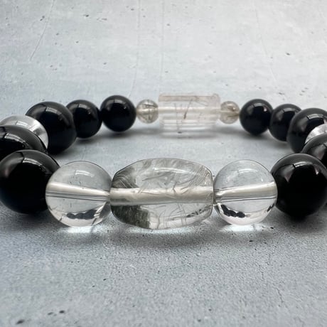 【デザインブレスレット】ガネッシュヒマール産天然ヒマラヤ水晶×チベット産モリオン/Ganesh Himal×Tibetan Morion Design Bracelet