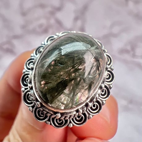 【ガネッシュヒマール産】クローライト&アクチノライトイン天然ヒマラヤ水晶S/V925リング/Ganesh Himal Chlorite&Actinorite in Quartz S/V925 Ring