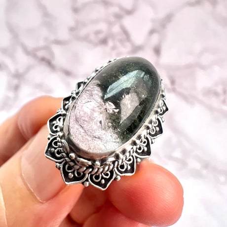 【ガネッシュヒマール産】クローライトイン天然ヒマラヤ水晶S/V925リング/Ganesh Himal Chlorite in Himalayan Quartz S/V925 Ring