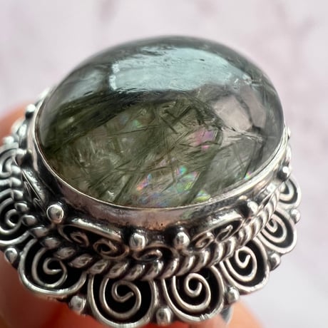 【ガネッシュヒマール産】クローライト&アクチノライトイン天然ヒマラヤ水晶S/V925リング/Ganesh Himal Chlorite&Actinorite in Quartz S/V925 Ring