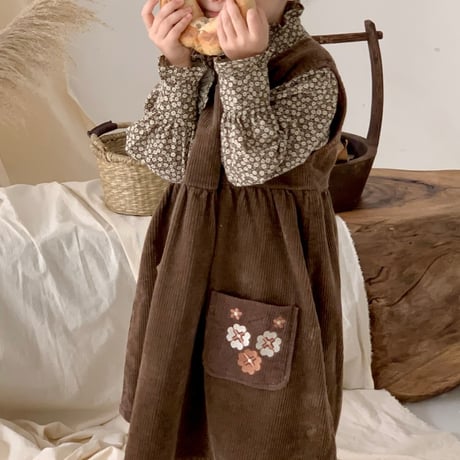 【order】Floral Ruffle Blouse & Corduroy Jumper Dress Set(90-140)