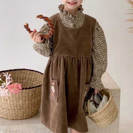 【order】Floral Ruffle Blouse & Corduroy Jumper Dress Set(90-140)