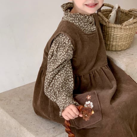 【order】Floral Ruffle Blouse & Corduroy Jumper Dress Set(90-140)