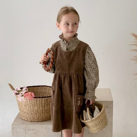 【order】Floral Ruffle Blouse & Corduroy Jumper Dress Set(90-140)