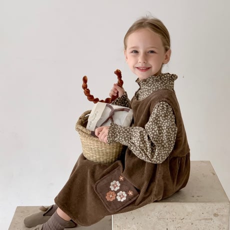 【order】Floral Ruffle Blouse & Corduroy Jumper Dress Set(90-140)