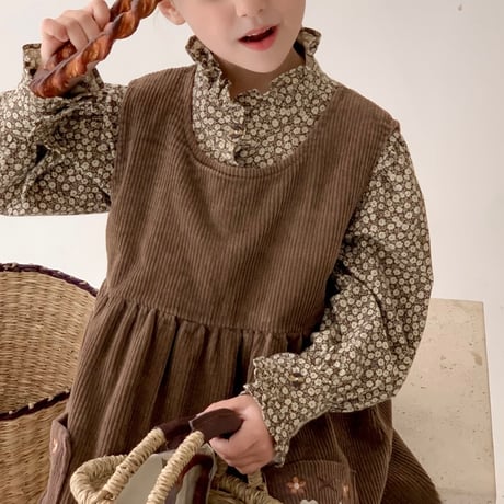 【order】Floral Ruffle Blouse & Corduroy Jumper Dress Set(90-140)
