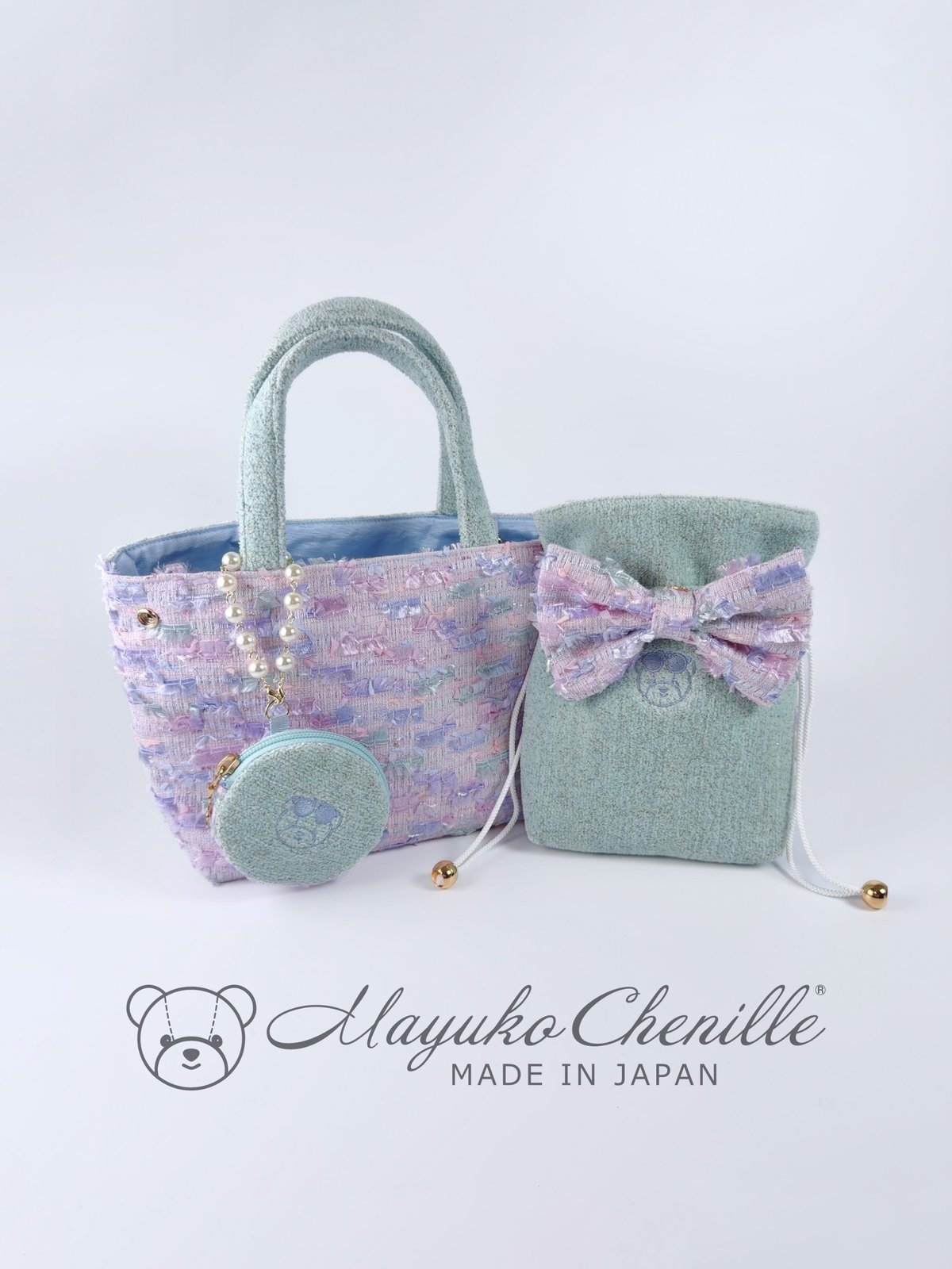 まゆこシェニール　シェニールベア　レパード　ラベンダー 2wayバッグ ミントジュエル×ラベンダーコンビ | Mayuko Chenille