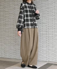 シアーチェック 配色スタンド カラーブラウス