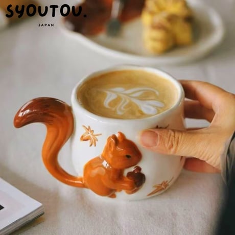 リス マガカップ＆栗ソーサーセット 380ml マグカップ 陶瓷器 マガカップ 耐熱 耐冷  動物 マグカップ 北欧風 かわいいマグカップ おしゃれマグカップ