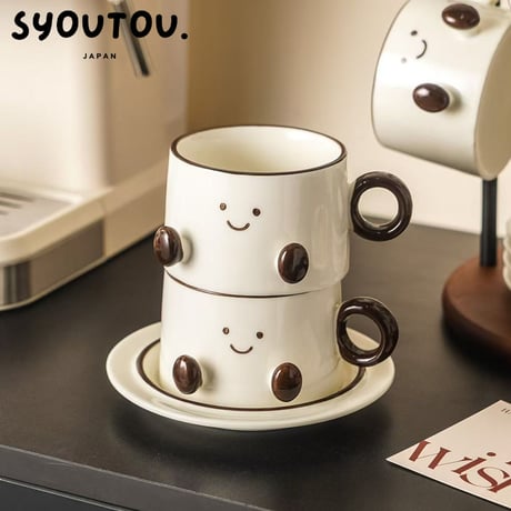 スマイル コーヒーカップ＆ソーサーセット マグカップ 陶瓷器 マガカップ 耐熱 耐冷  笑顔 マグカップ 北欧風 かわいいマグカップ おしゃれマグカップ