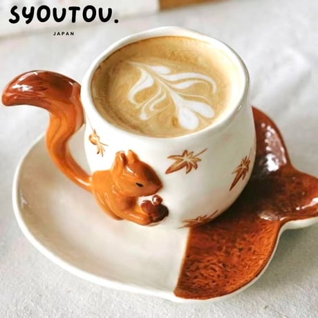 リス マガカップ＆栗ソーサーセット 380ml マグカップ 陶瓷器 マガカップ 耐熱 耐冷  動物 マグカップ 北欧風 かわいいマグカップ おしゃれマグカップ