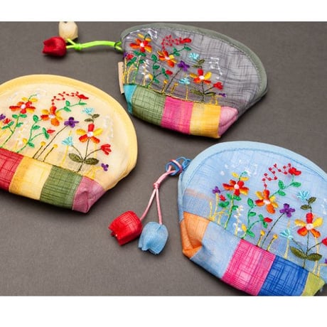 高級麻伝統色帯花刺繍コインケース