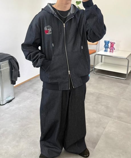 Wash Denim Wide Cargo Pants