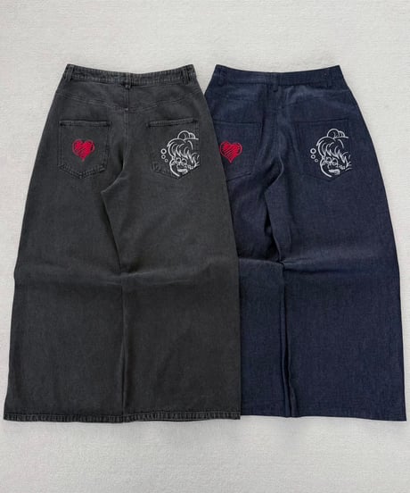 Wash Denim Wide Cargo Pants