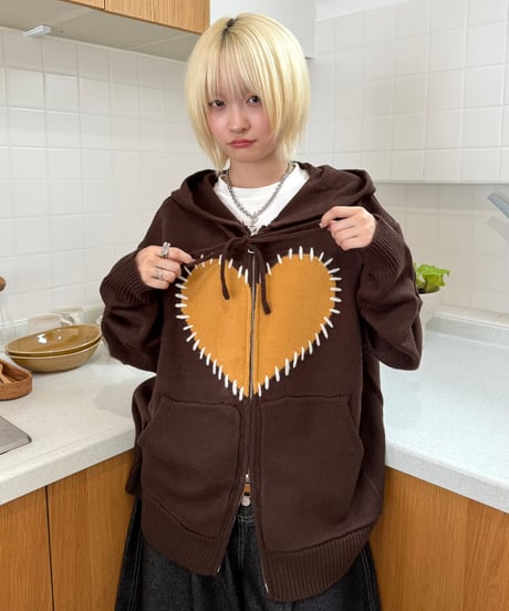 Hand-Stitch Heart Zip Hoodie