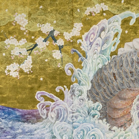 白龍神桜波図  White Dragon Sakura Waves