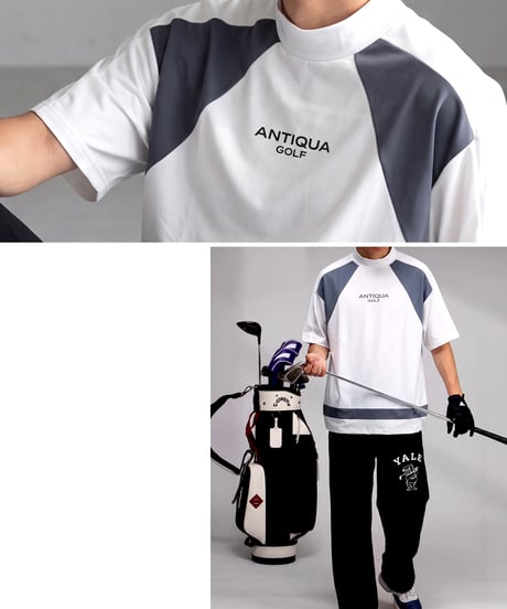 【ANTIQUA GOLF×STCH】Panel Mock Neck Tops-gray mix